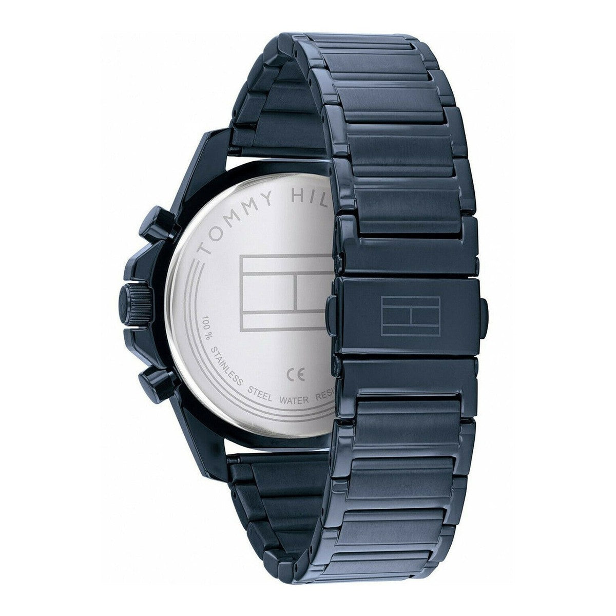 Tommy Hilfiger 1791560 rear view showing the stainless steel caseback, blue ion-plated stainless steel bracelet, and fold-over clasp with logo detail.