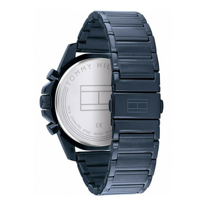 Tommy Hilfiger 1791560 rear view showing the stainless steel caseback, blue ion-plated stainless steel bracelet, and fold-over clasp with logo detail.