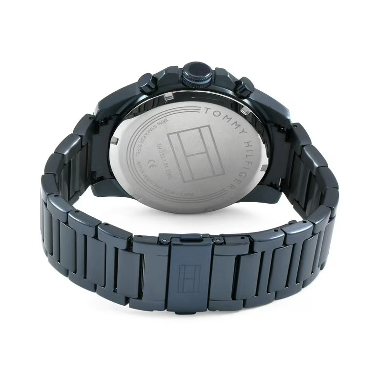 Tommy Hilfiger 1791560 rear view showing the stainless steel caseback, blue ion-plated stainless steel bracelet, and fold-over clasp closure.