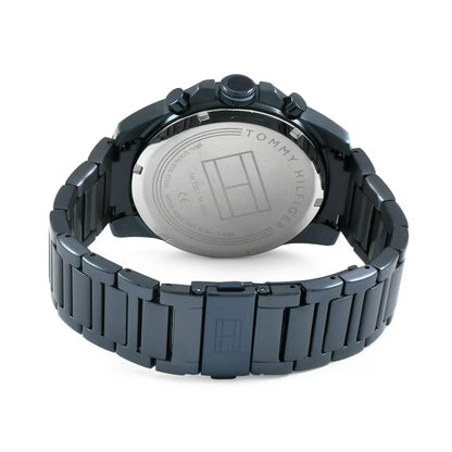 Tommy Hilfiger 1791560 rear view showing the stainless steel caseback, blue ion-plated stainless steel bracelet, and fold-over clasp closure.