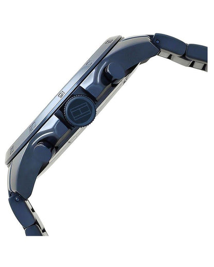 Tommy Hilfiger 1791560 side profile view showing the blue ion-plated stainless steel case, crown, and chronograph pushers.