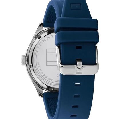 Tommy Hilfiger 1791885 rear view showing the stainless steel caseback, blue silicone strap, and silver-tone buckle closure.