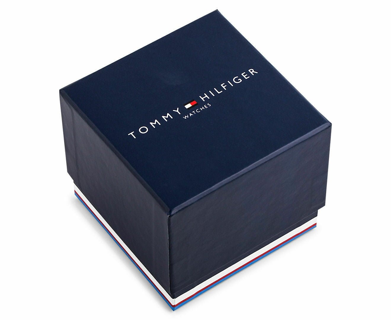 Caja original Tommy Hilfiger para reloj, color azul marino, vista superior diagonal.