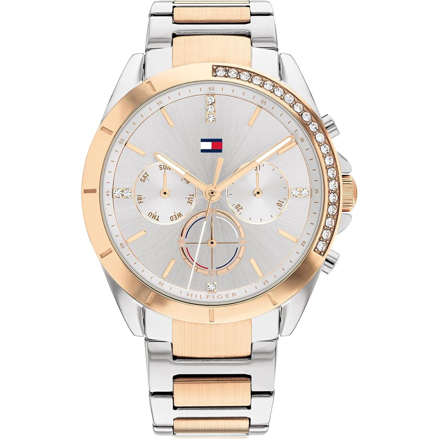 reloj Tommy Hilfiger con esfera clara, bisel decorado con cristales, caja metálica y brazalete bicolor con detalles en tono dorado rosa