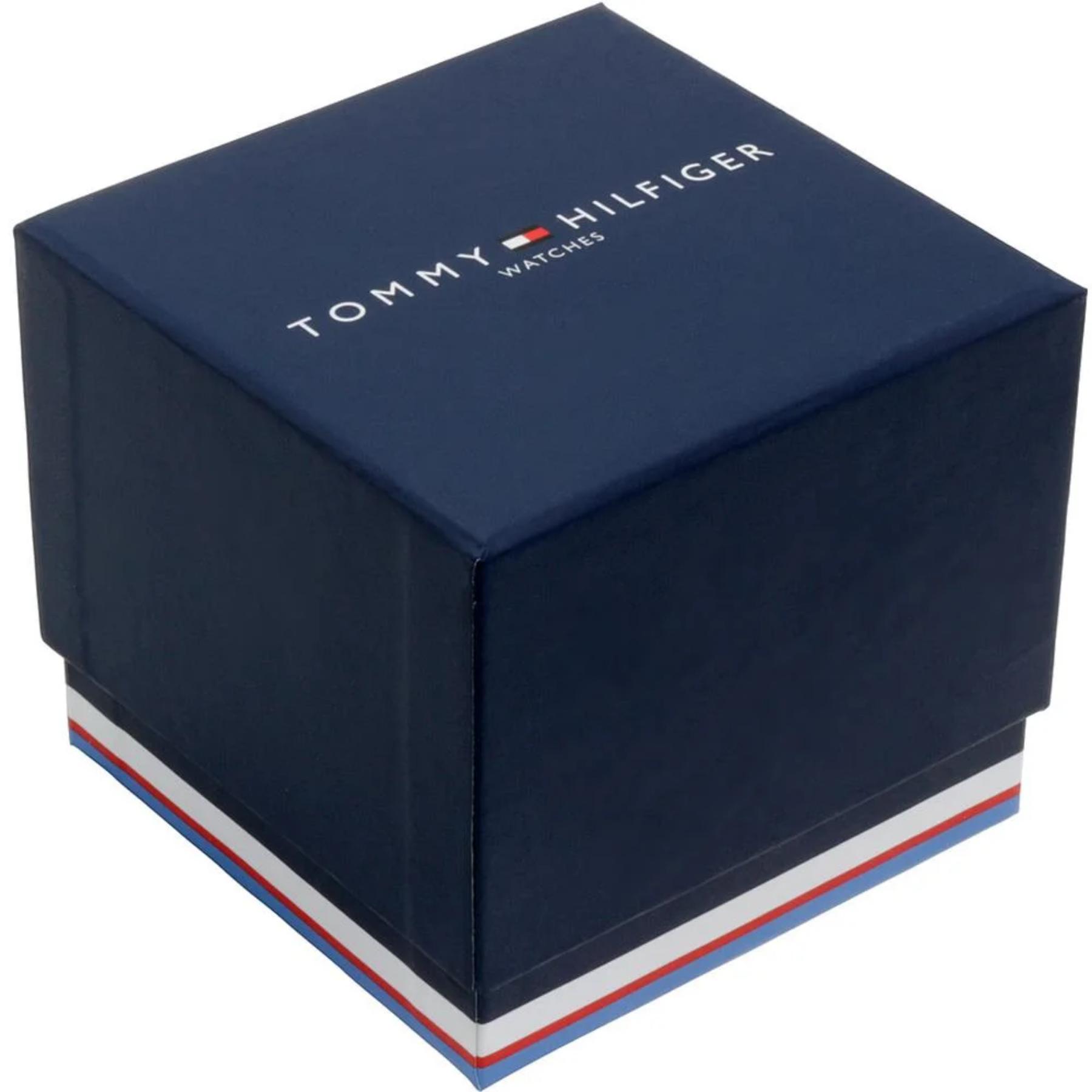 Tommy Hilfiger Watches presentation box in navy blue with branded logo and signature red, white, and blue trim detail.
