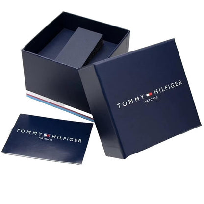 Tommy Hilfiger Watches presentation box set in navy blue with branded packaging and warranty booklet included.